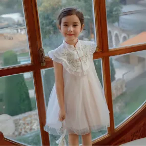 中式立领刺绣旗袍纱裙 Elegant Embroidered Mesh Mandarin Collar Dress