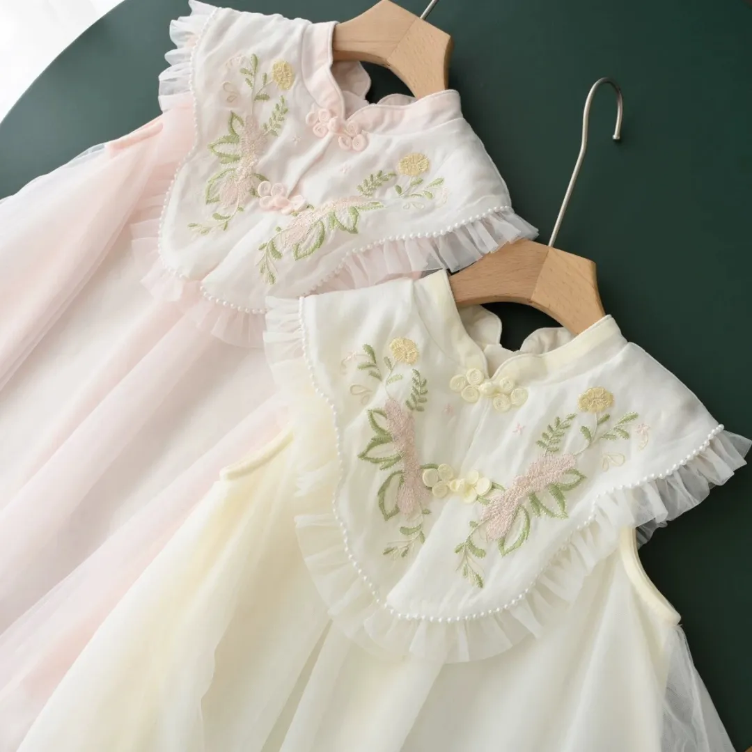 中式立领刺绣旗袍纱裙 Elegant Embroidered Mesh Mandarin Collar Dress