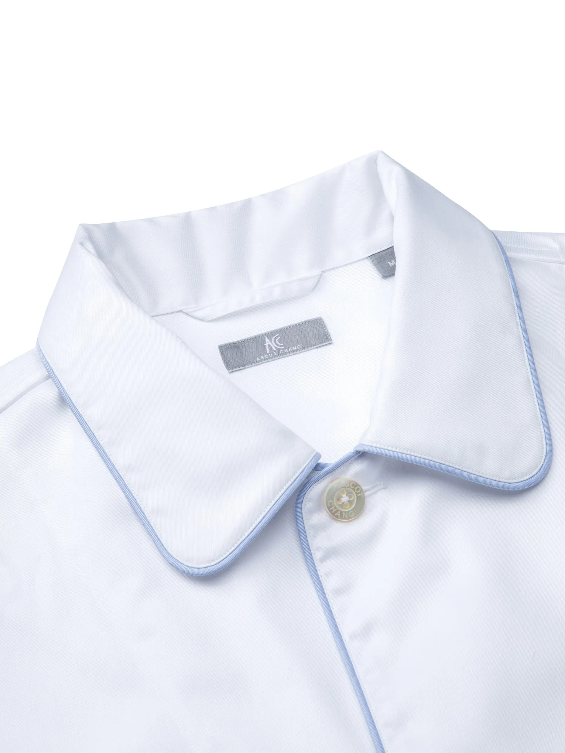 120s Cotton Twill White with Blue Piping Pajamas