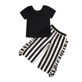 2 Pcs Set Casual Girls Plain T-Shirts And Stripes Loose Pants