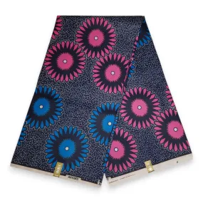 African print fabric - Blue Pink Disks - Polycotton