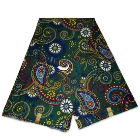 African print fabric - Green Multicolor Paisley - Polycotton