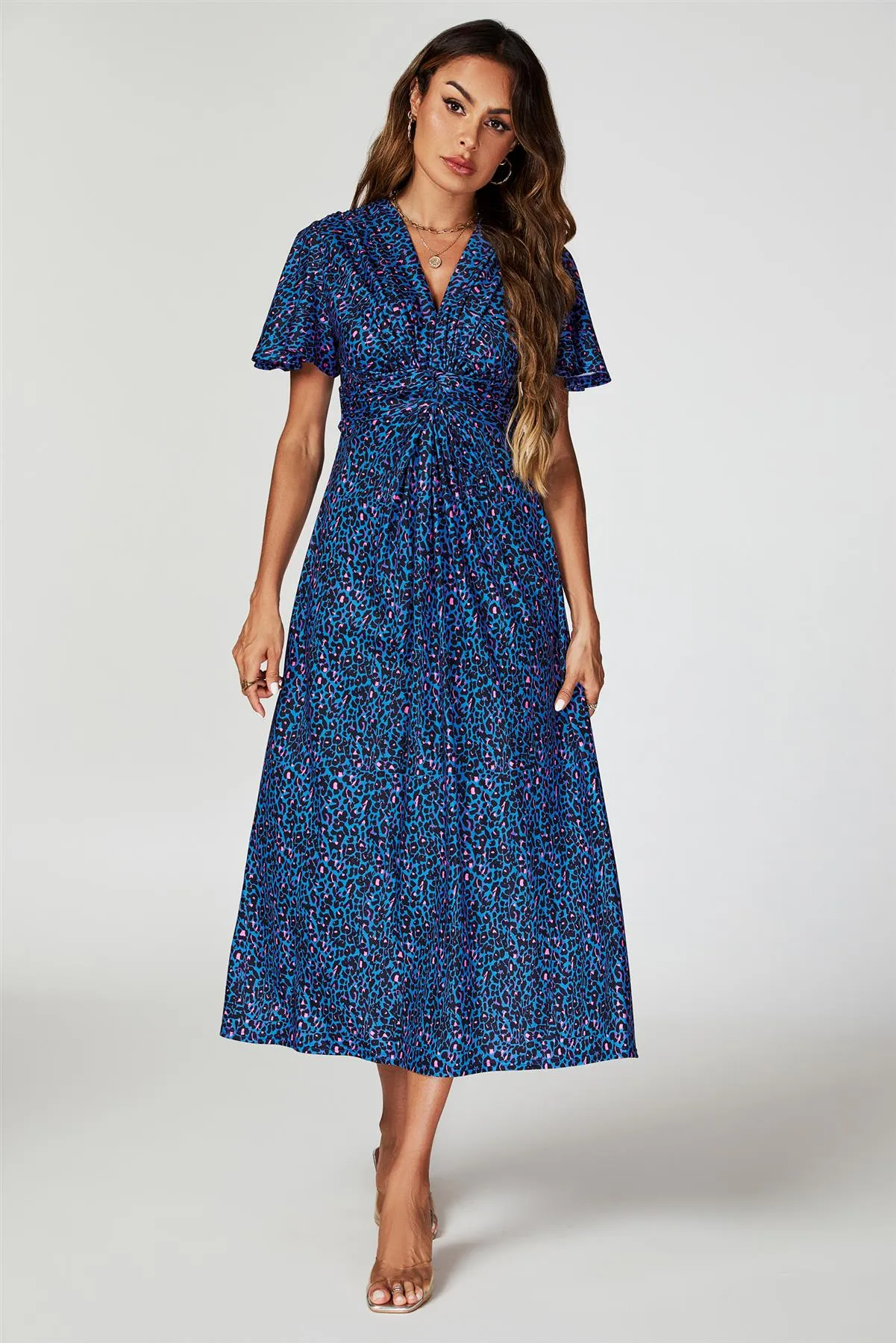 Animal Print Angel Sleeve Twist Maxi Dress In Blue