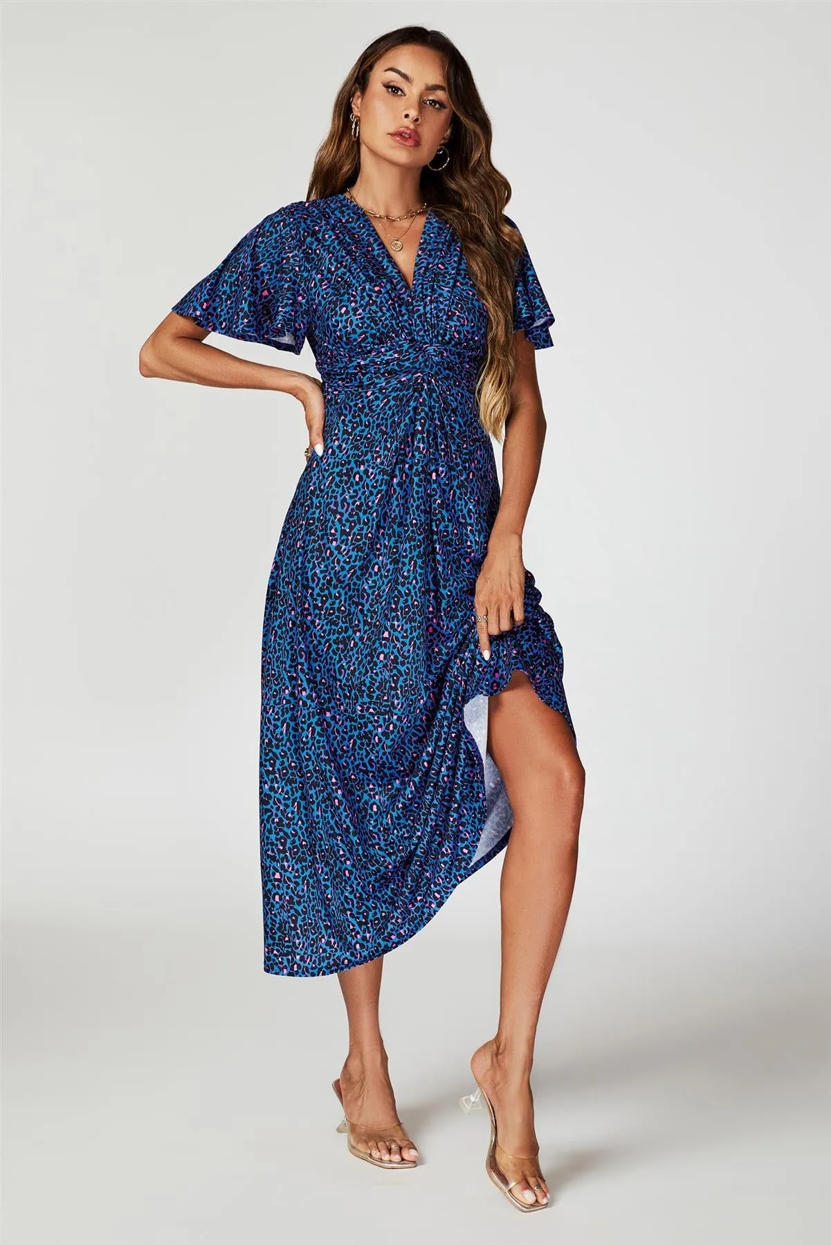 Animal Print Angel Sleeve Twist Maxi Dress In Blue