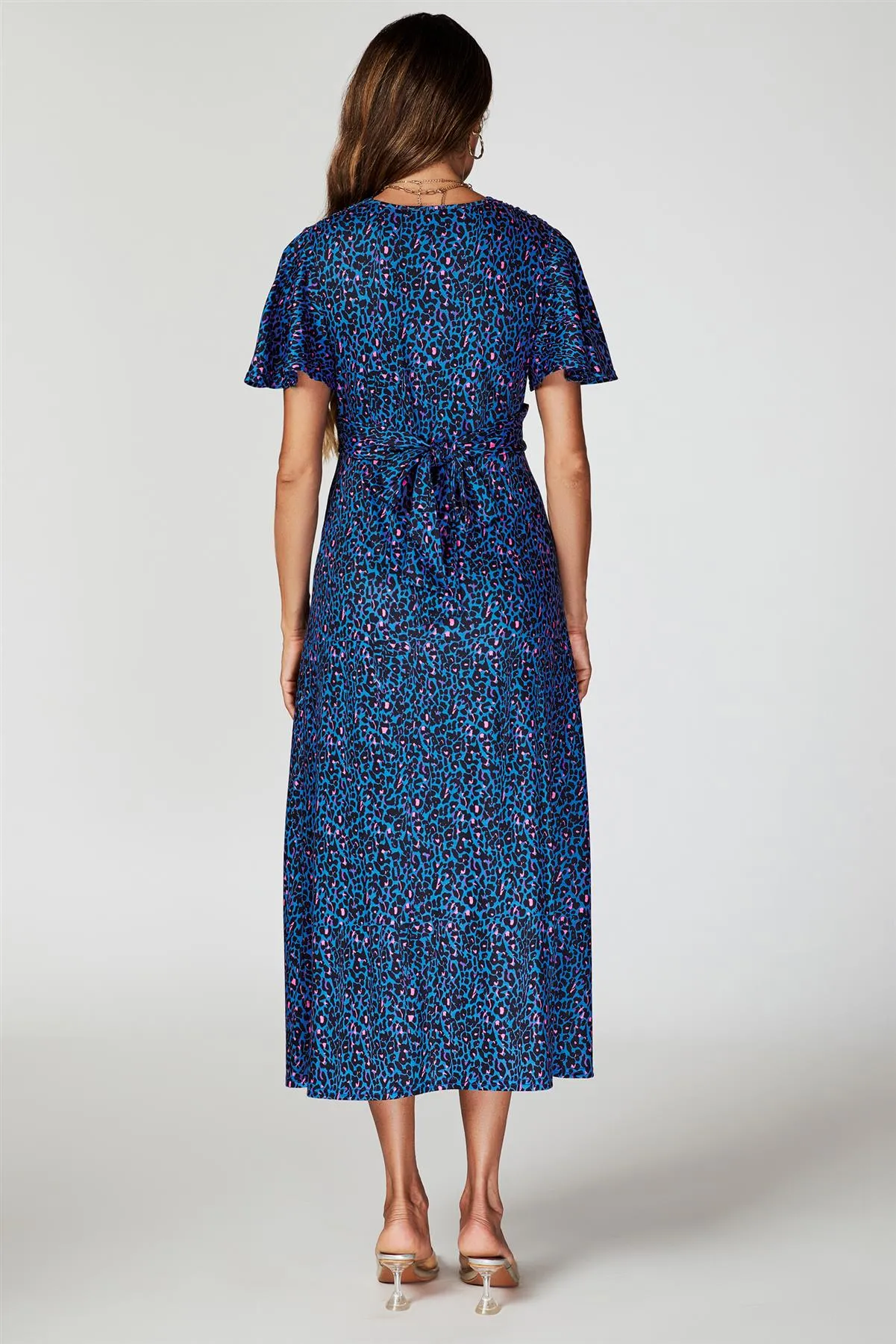 Animal Print Angel Sleeve Twist Maxi Dress In Blue