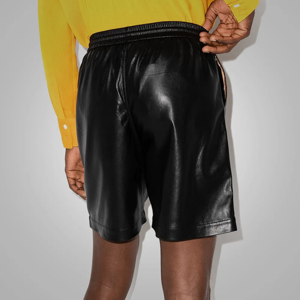 Black Lambskin Leather Shorts For Men