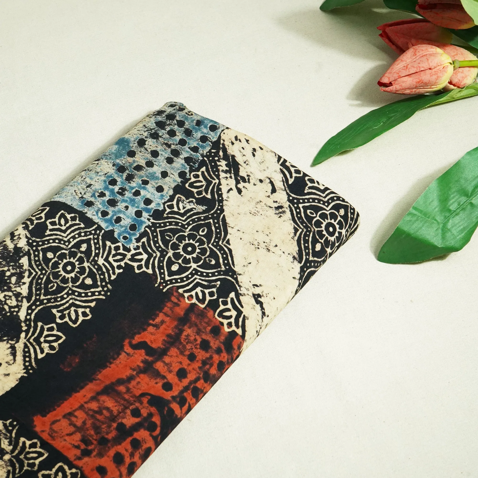 Blue & Cream Abstract Ajrakh Print Modal Satin Fabric ASK-24332
