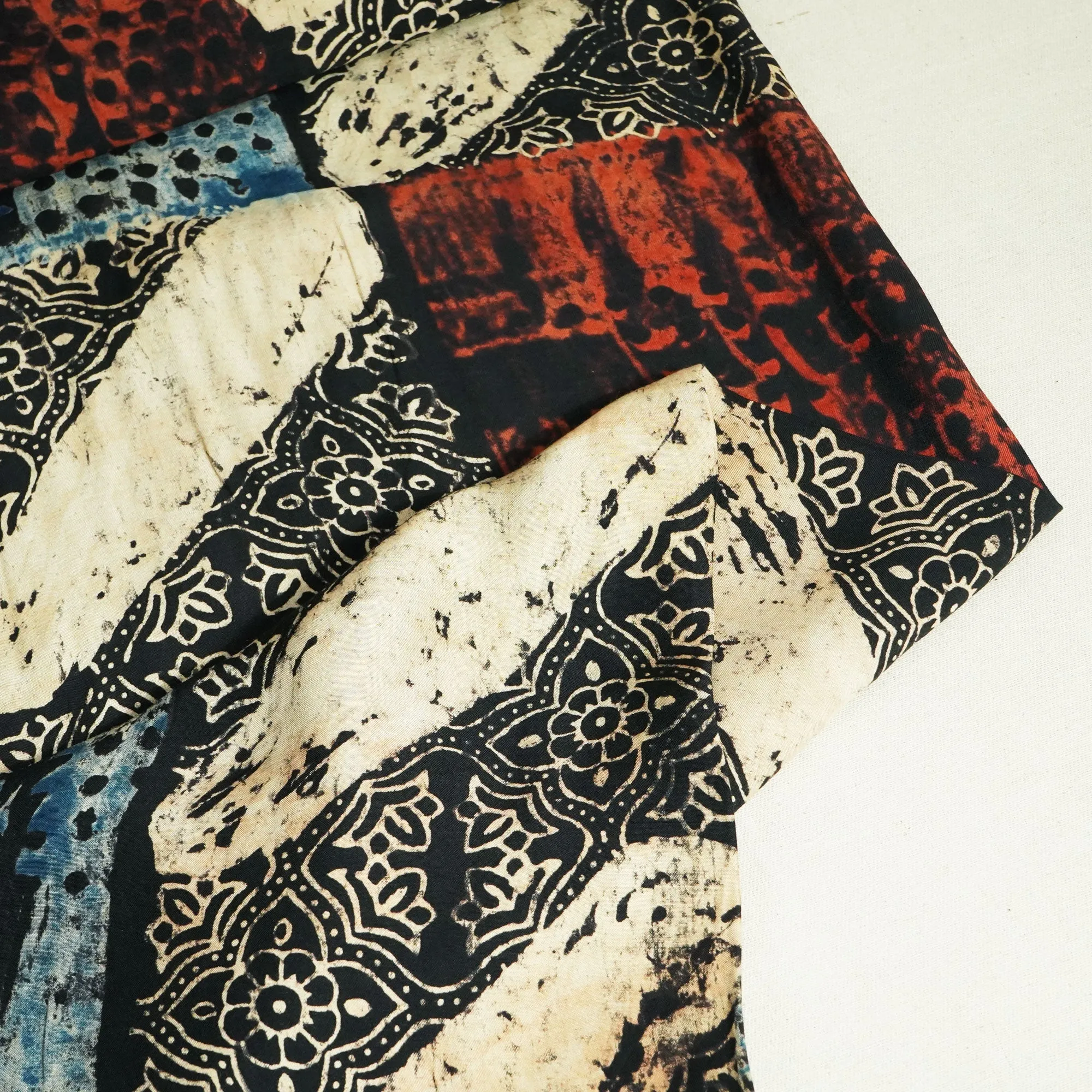 Blue & Cream Abstract Ajrakh Print Modal Satin Fabric ASK-24332