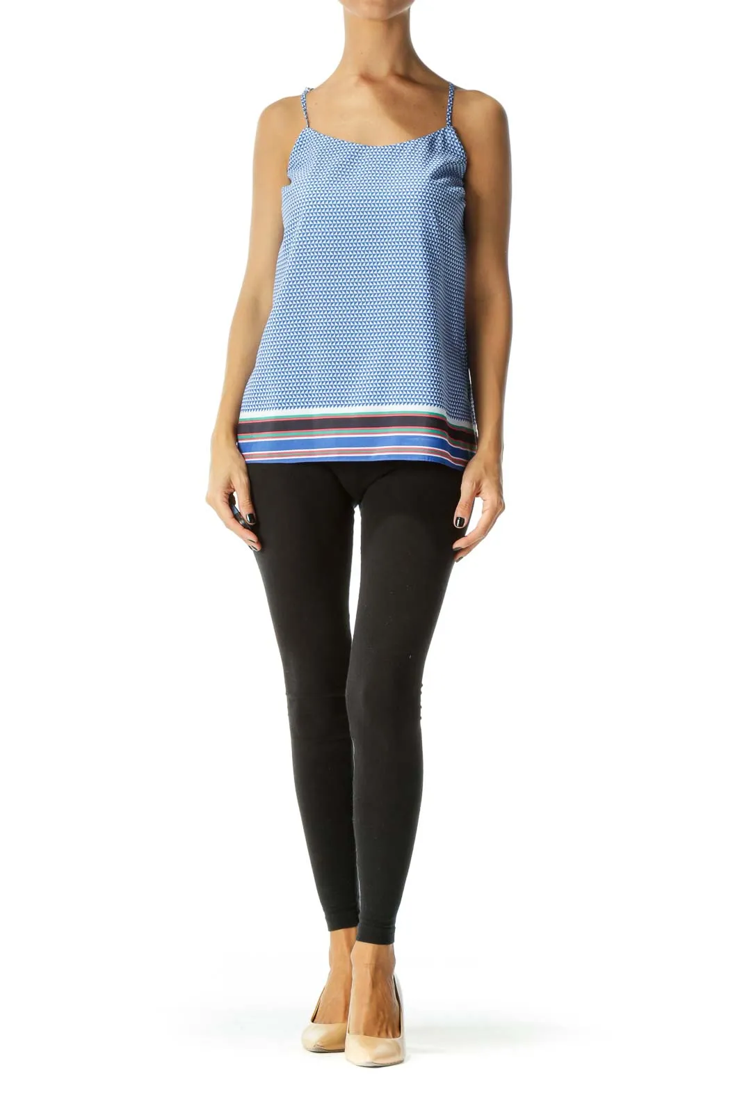 Blue White Multicolored Geometric Print Round Neck Spaghetti Strap Top