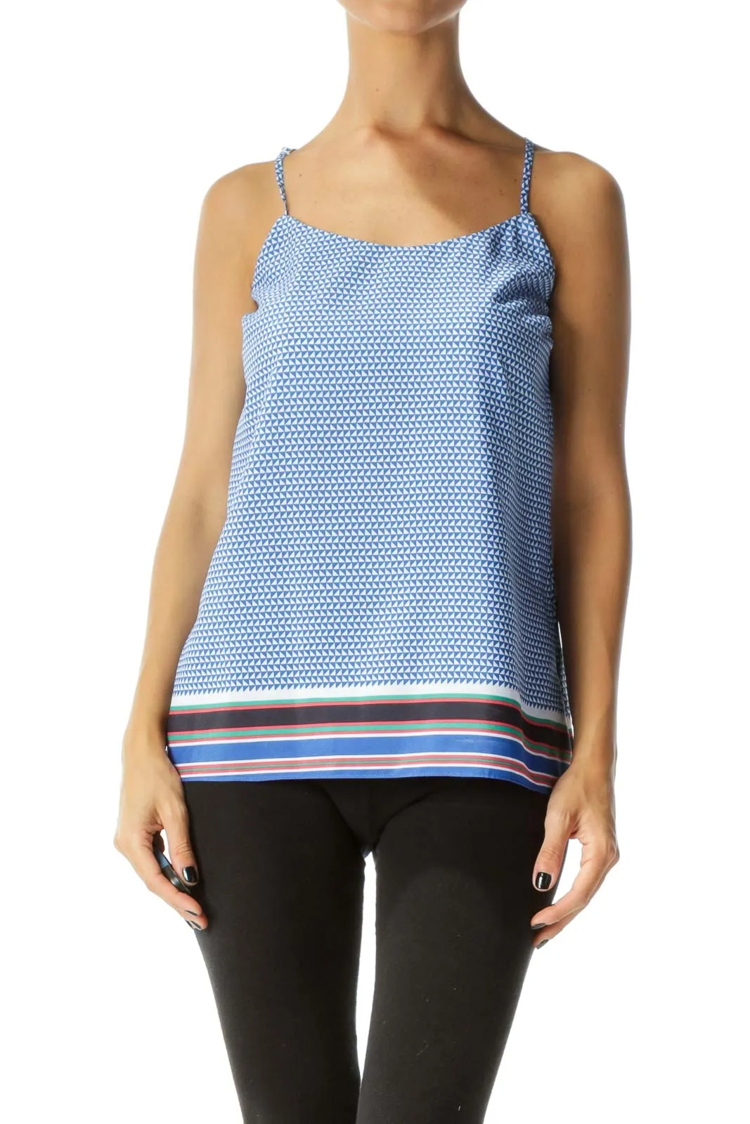 Blue White Multicolored Geometric Print Round Neck Spaghetti Strap Top