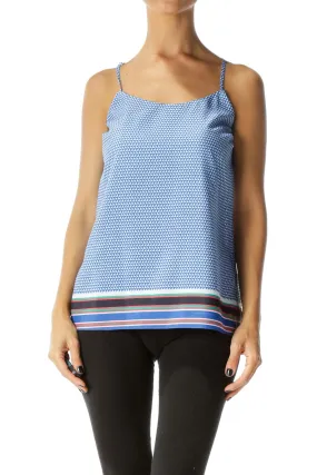 Blue White Multicolored Geometric Print Round Neck Spaghetti Strap Top