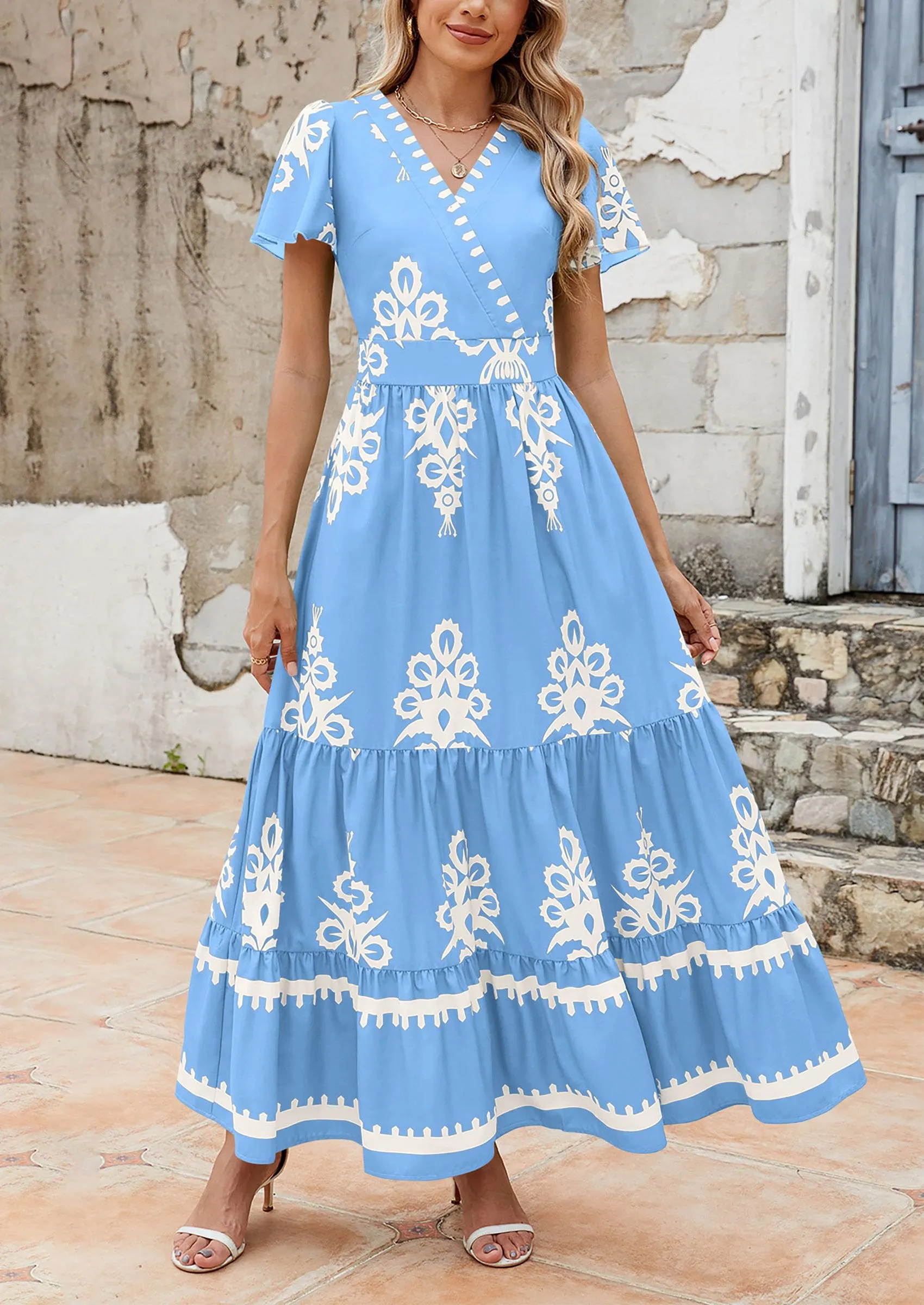 Casual V Neck Boho Flowy A-line Bell Sleeve Tiered Floral Maxi Dresses with Pocket
