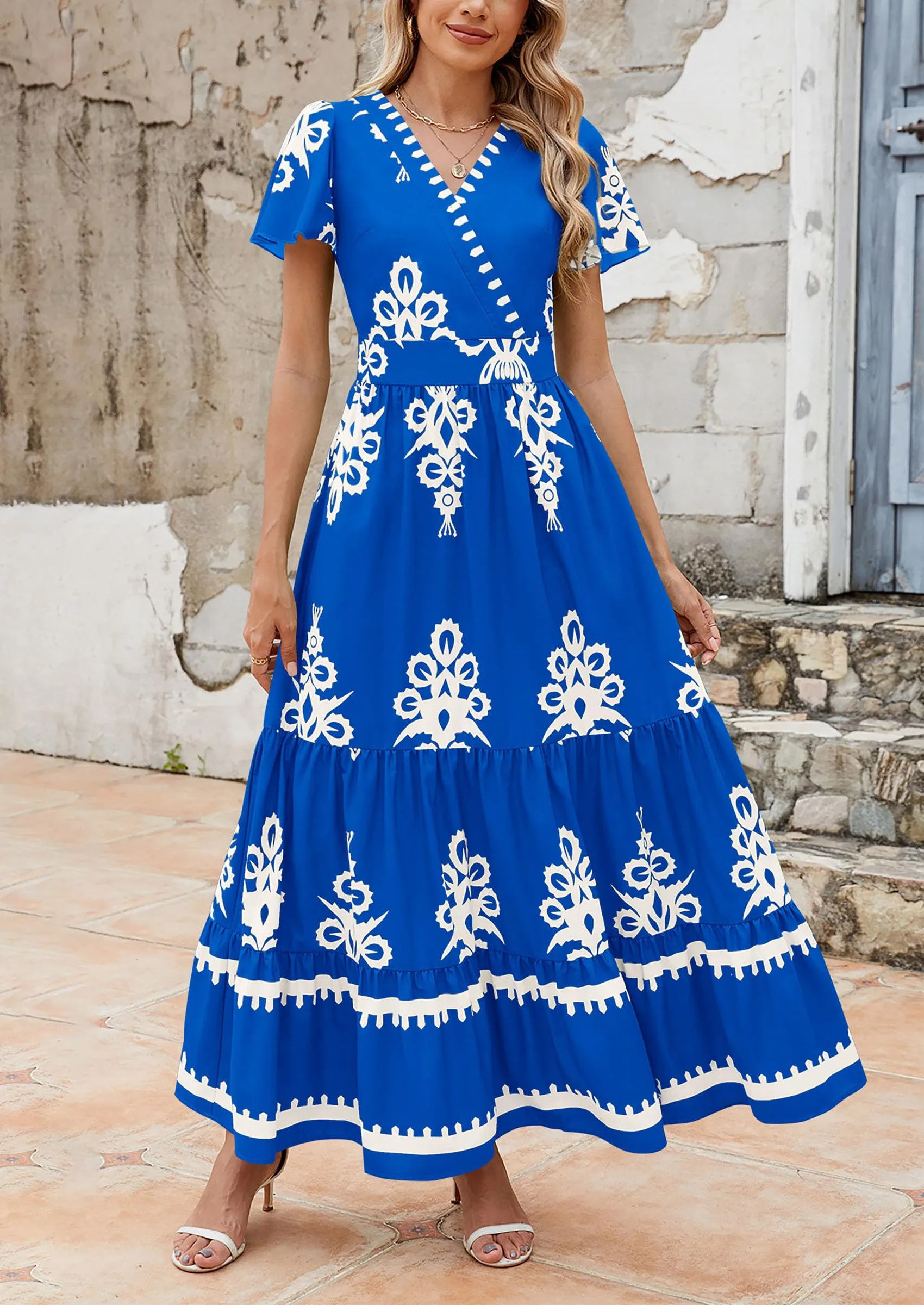 Casual V Neck Boho Flowy A-line Bell Sleeve Tiered Floral Maxi Dresses with Pocket