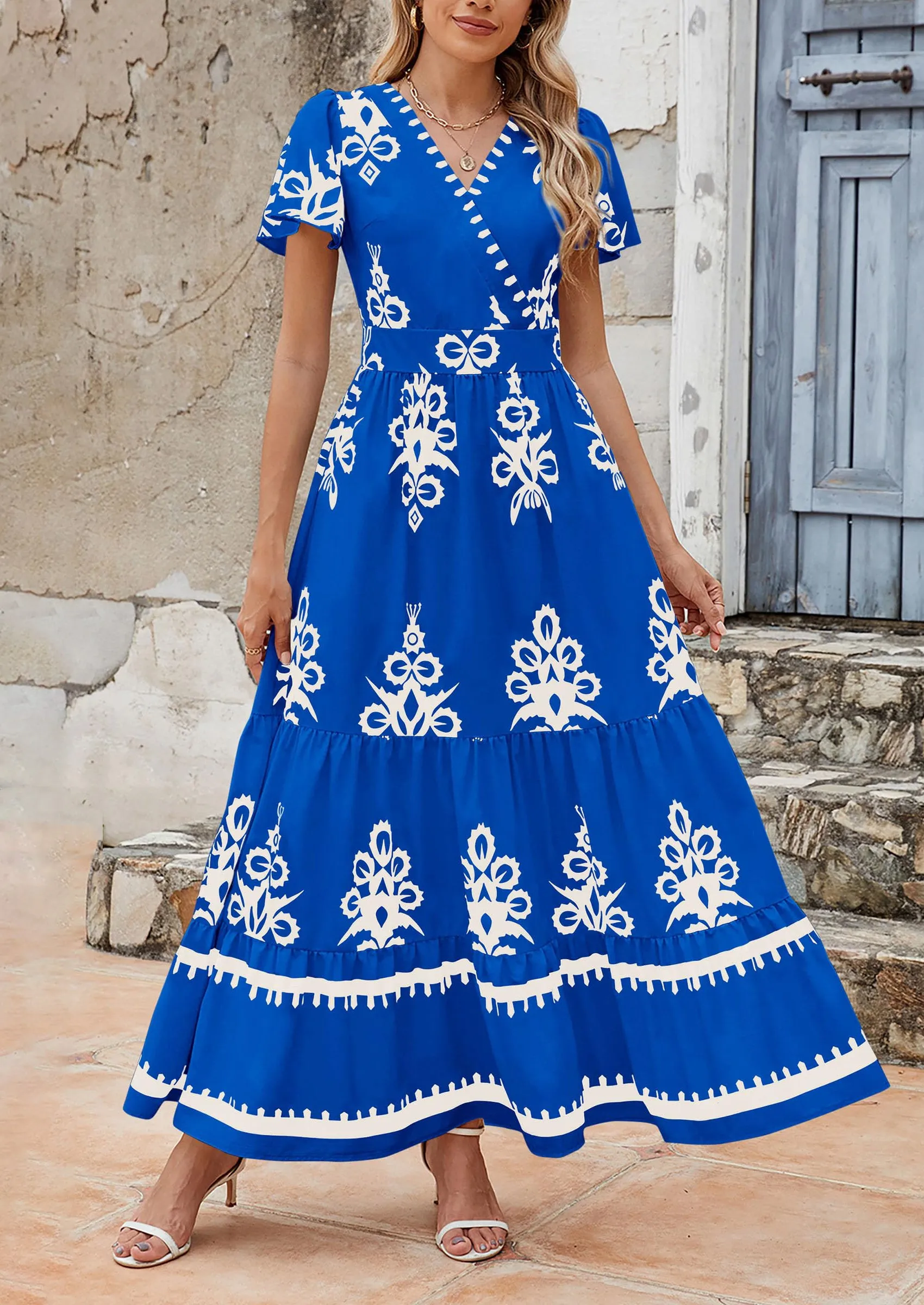 Casual V Neck Boho Flowy A-line Bell Sleeve Tiered Floral Maxi Dresses with Pocket
