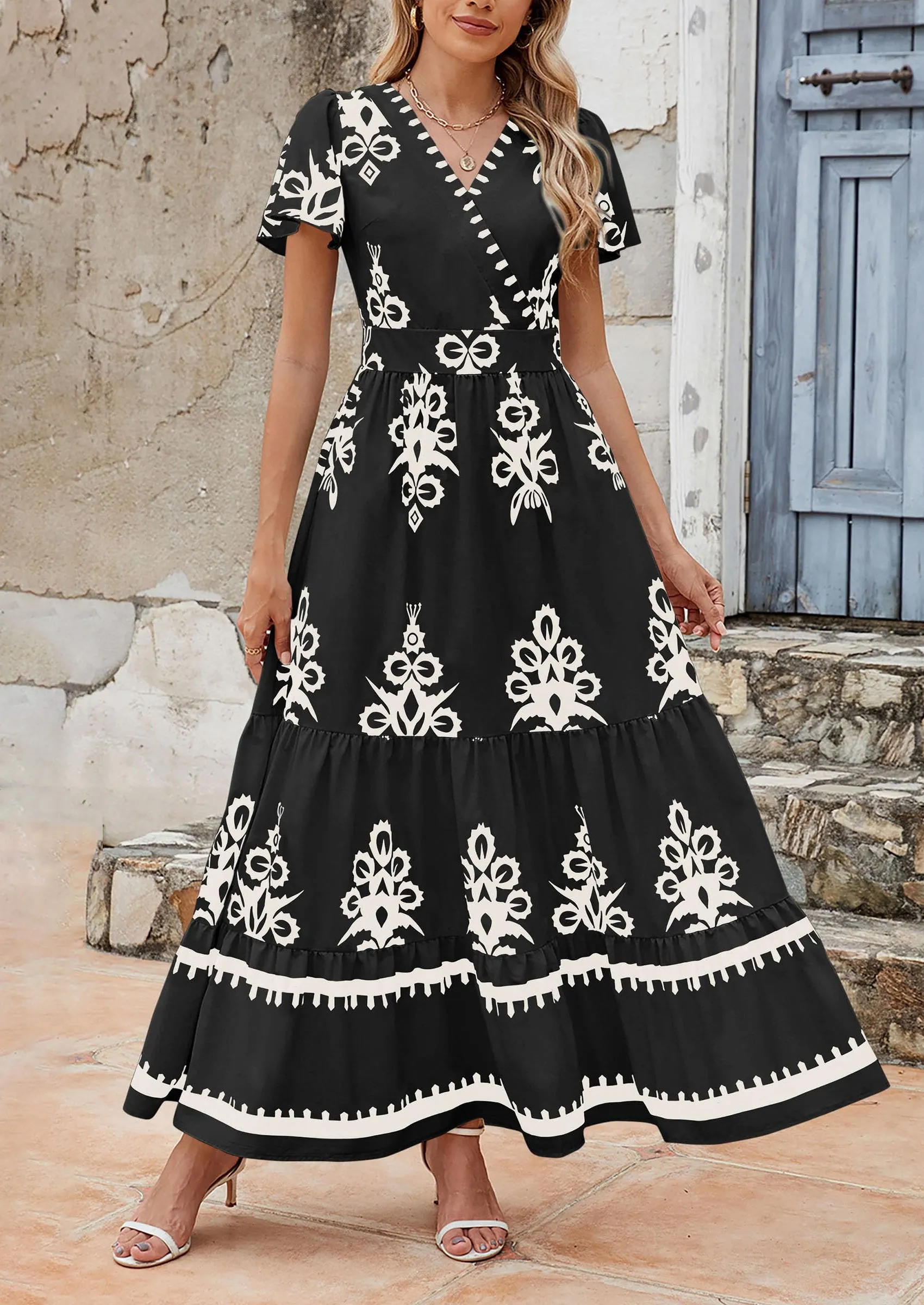 Casual V Neck Boho Flowy A-line Bell Sleeve Tiered Floral Maxi Dresses with Pocket
