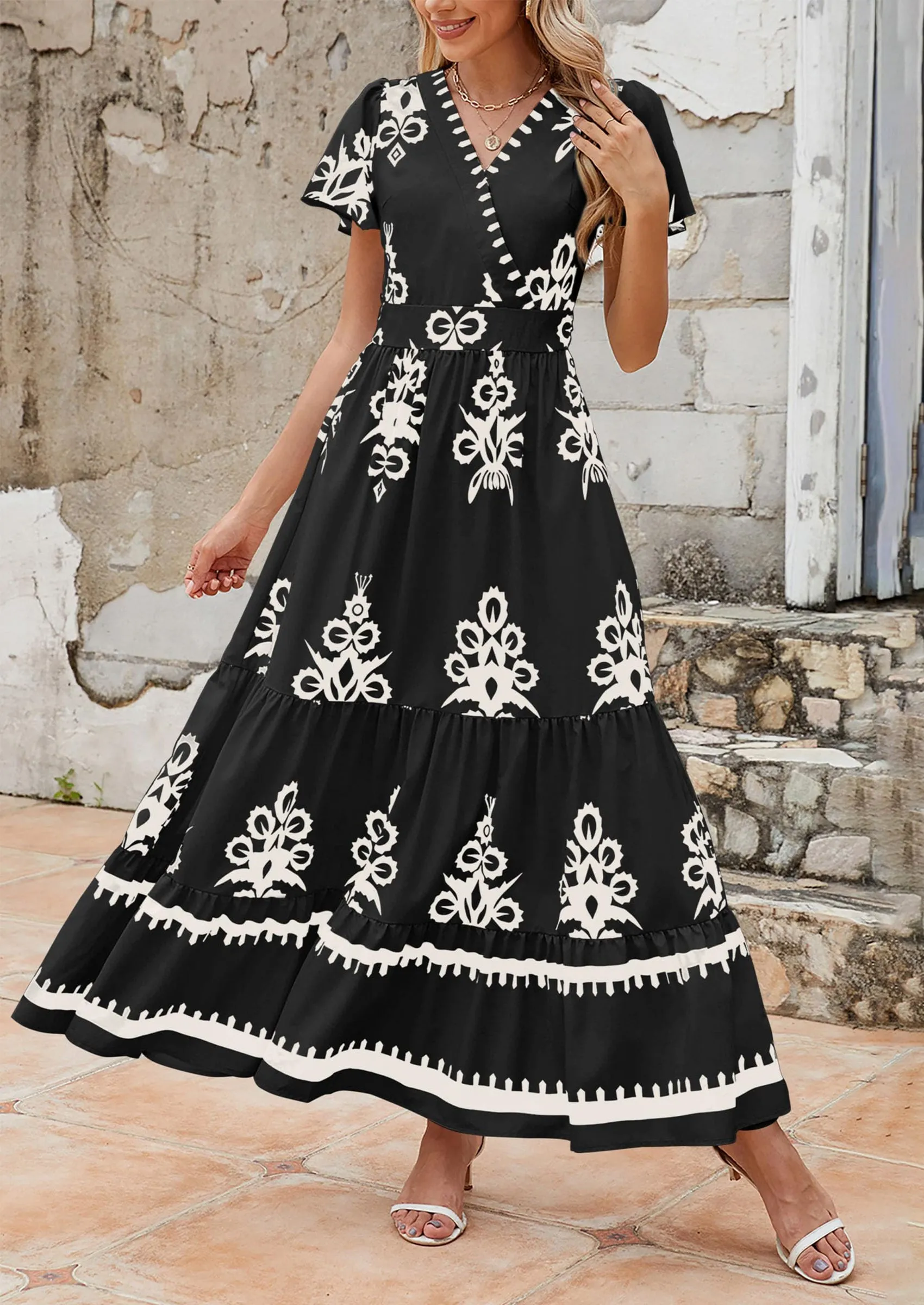Casual V Neck Boho Flowy A-line Bell Sleeve Tiered Floral Maxi Dresses with Pocket