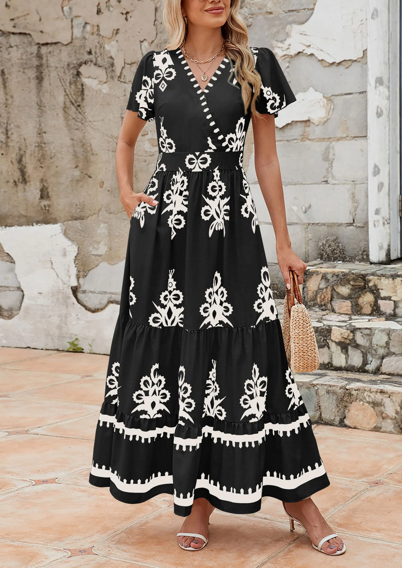Casual V Neck Boho Flowy A-line Bell Sleeve Tiered Floral Maxi Dresses with Pocket
