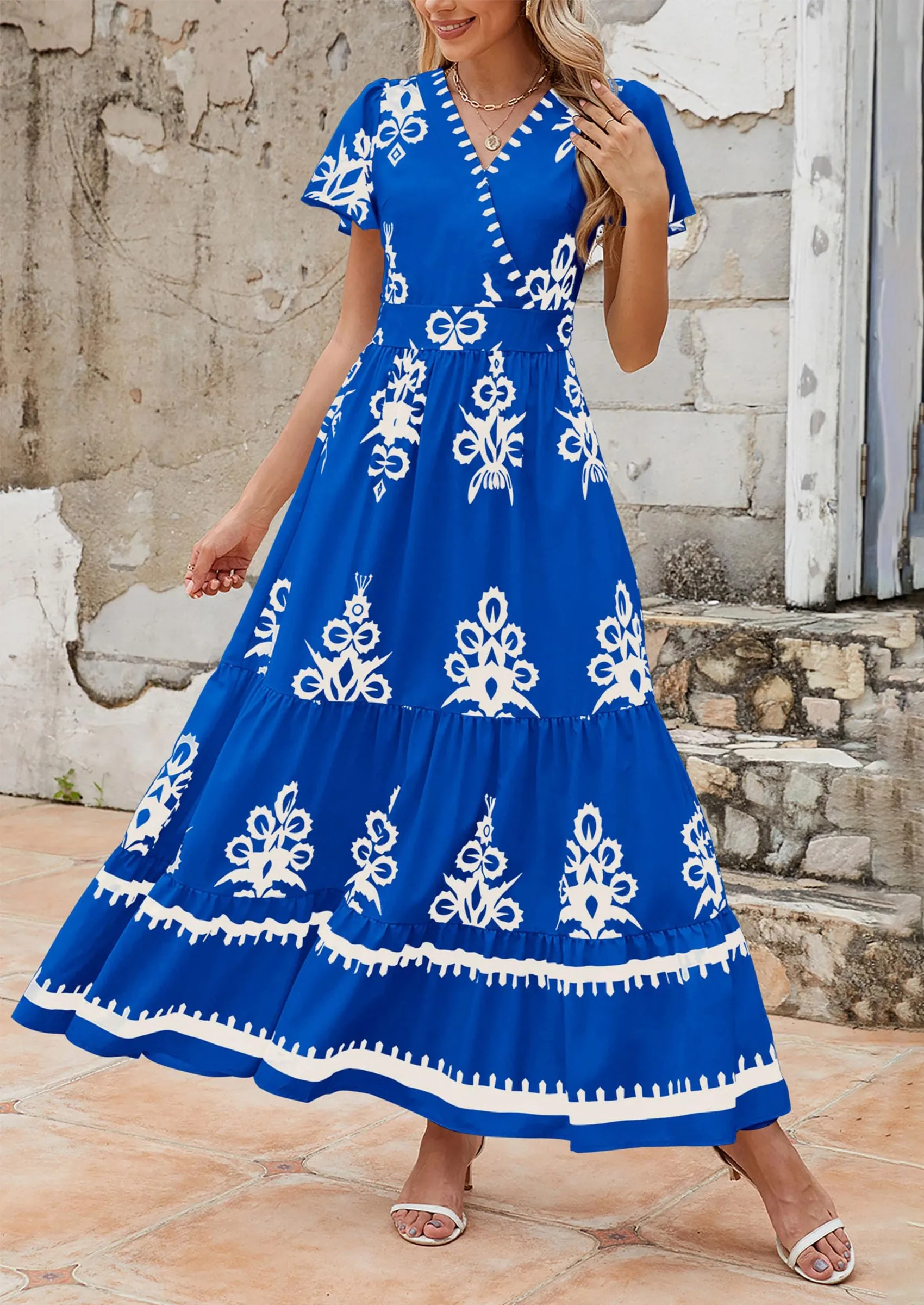 Casual V Neck Boho Flowy A-line Bell Sleeve Tiered Floral Maxi Dresses with Pocket