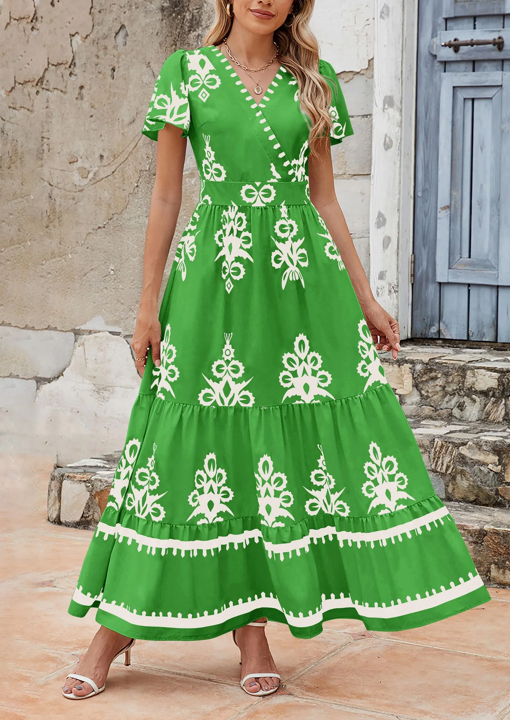 Casual V Neck Boho Flowy A-line Bell Sleeve Tiered Floral Maxi Dresses with Pocket
