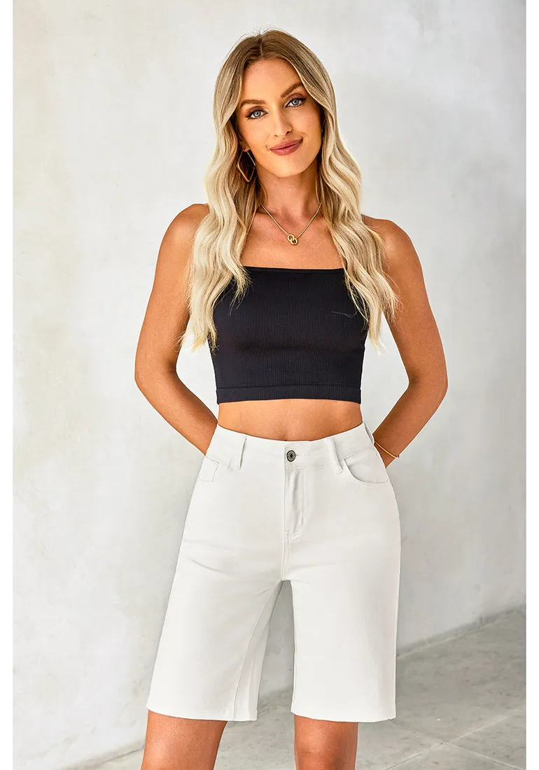 Cream White Relaxed Fit High Waisted Denim Bermuda Shorts Straight Leg Jeans
