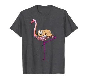 Cute Sloth Riding Sitting Pink Flamingo Mother Day Shirt