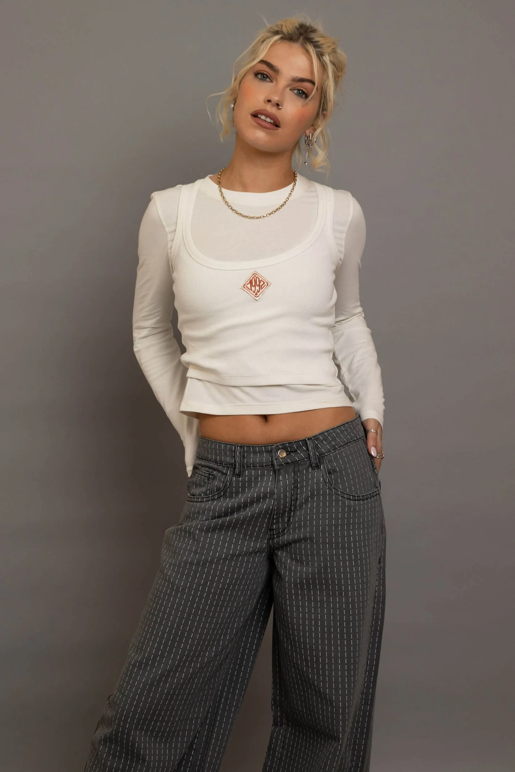 Daisy Street Double Layered Top with Embroidery