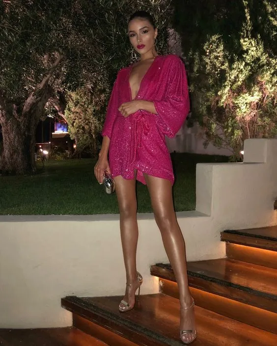 Deep V-neck Sequined Split Dress