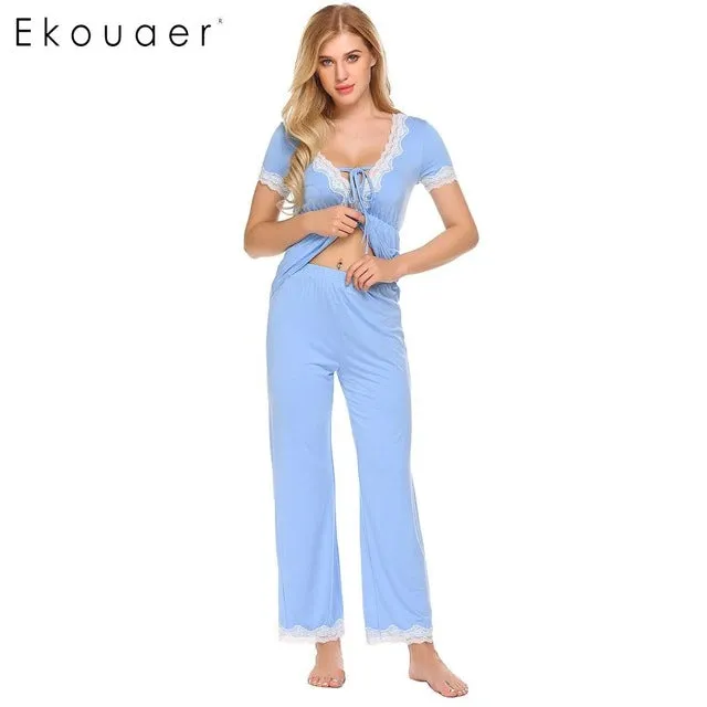 Ekouaer Women Casual Pajamas Set Loose Short Sleeve Sleepwear Lace Patchwork Elastic Waistband Solid Pajamas Set Female Nighties