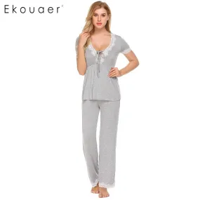 Ekouaer Women Casual Pajamas Set Loose Short Sleeve Sleepwear Lace Patchwork Elastic Waistband Solid Pajamas Set Female Nighties