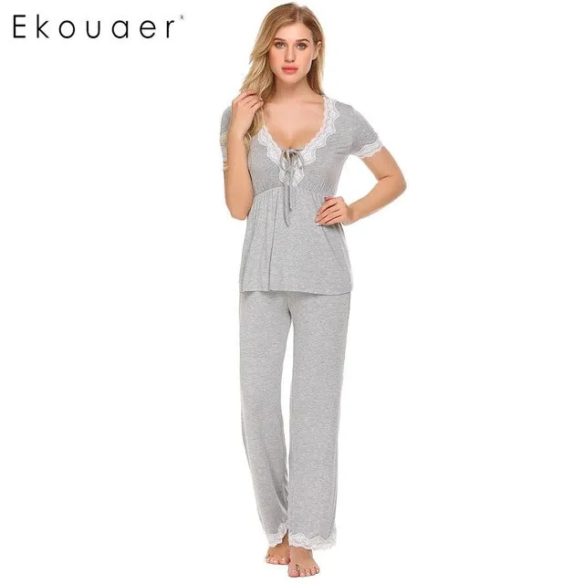 Ekouaer Women Casual Pajamas Set Loose Short Sleeve Sleepwear Lace Patchwork Elastic Waistband Solid Pajamas Set Female Nighties