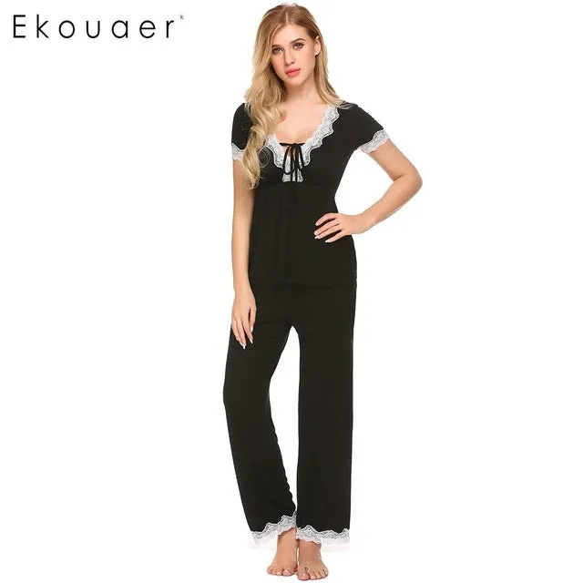 Ekouaer Women Casual Pajamas Set Loose Short Sleeve Sleepwear Lace Patchwork Elastic Waistband Solid Pajamas Set Female Nighties