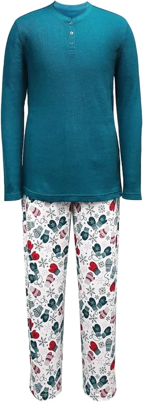 Family Pajamas Men's Henley Top Mitten-Print Pajamas Set  Color Green Size M
