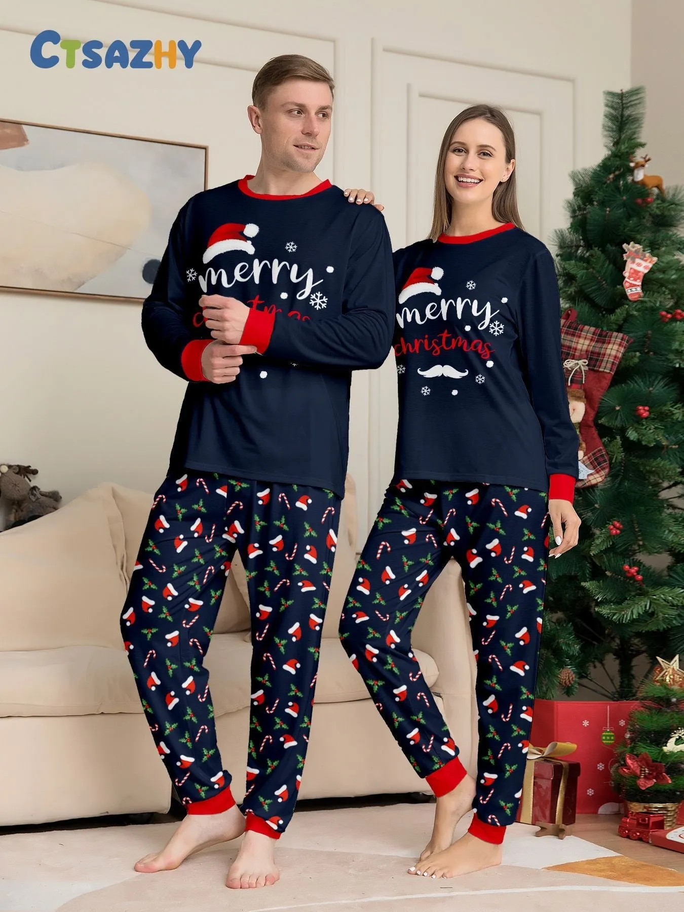 Family Parent-Child Santa Hat White Beard Pajamas Set