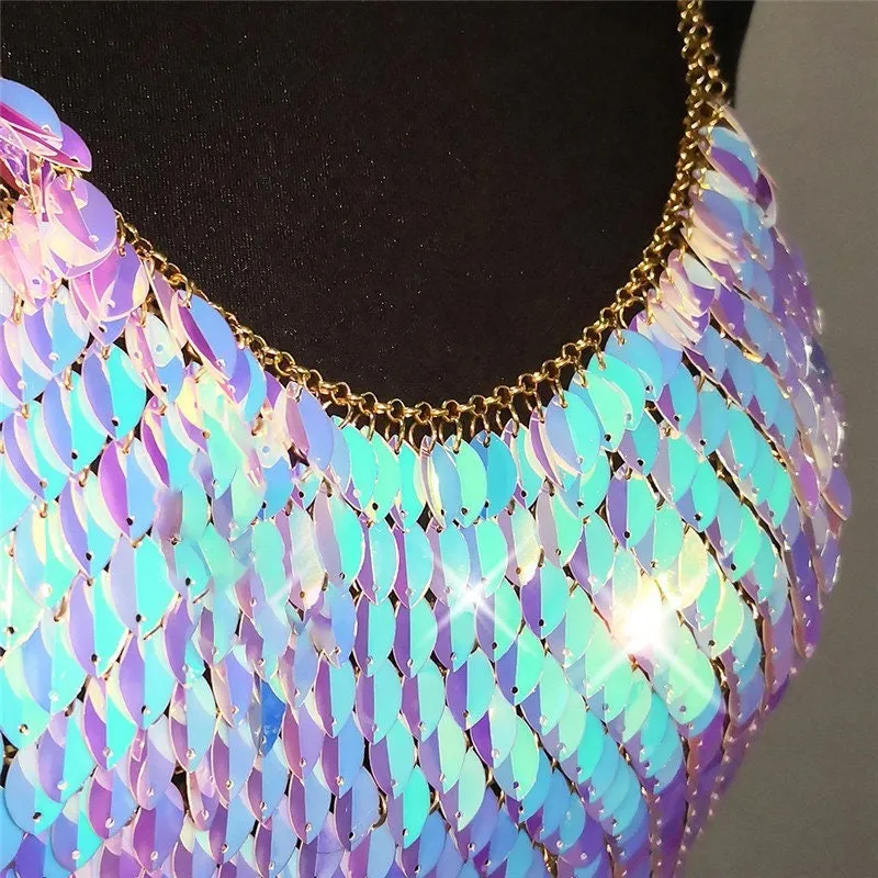 Festival Top, Colorful Sequin Rave Top, Body Chain Halter top