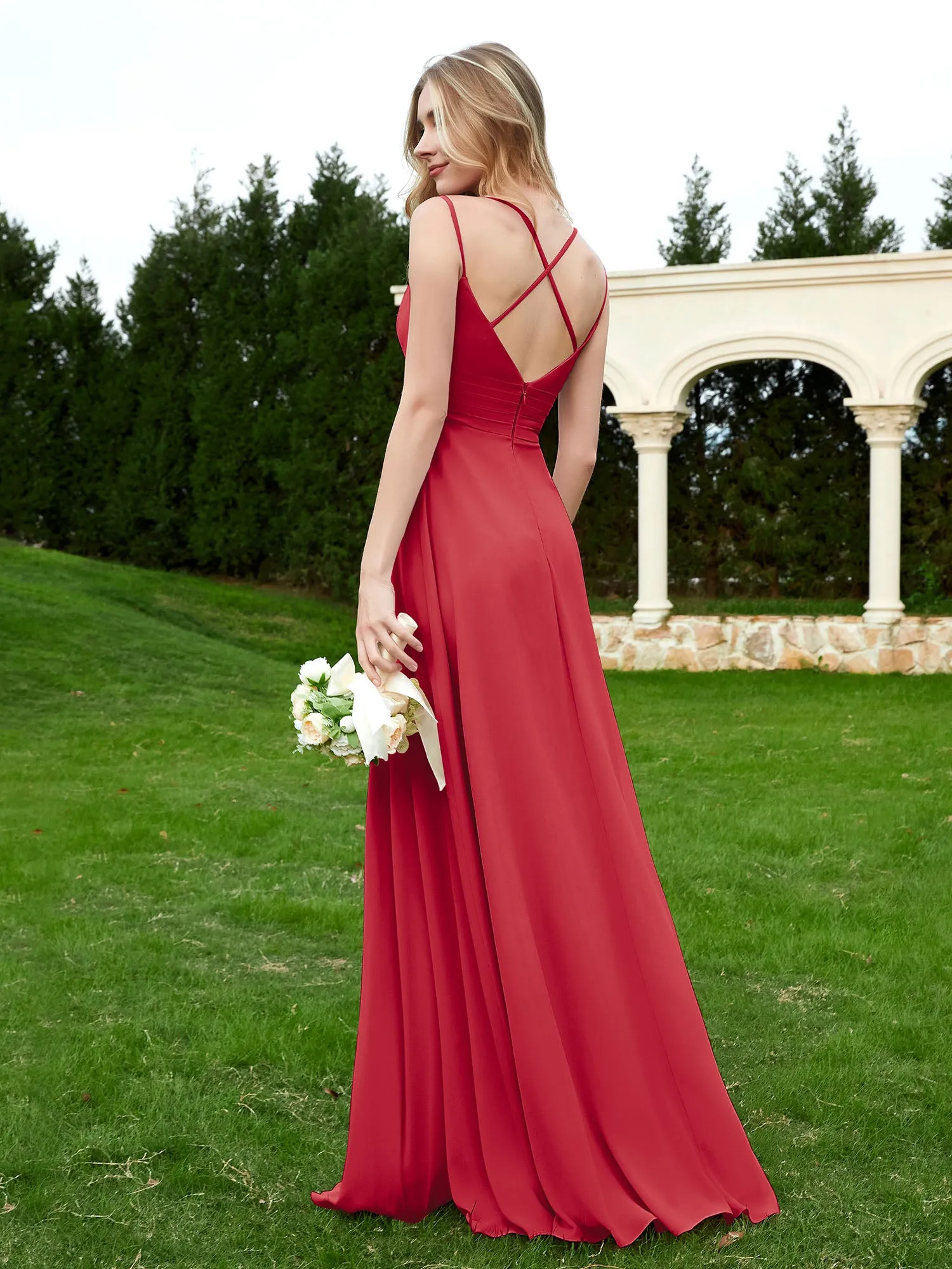 Floor Length V Neck Chiffon Bridesmaid Gown Burgundy Plus Size