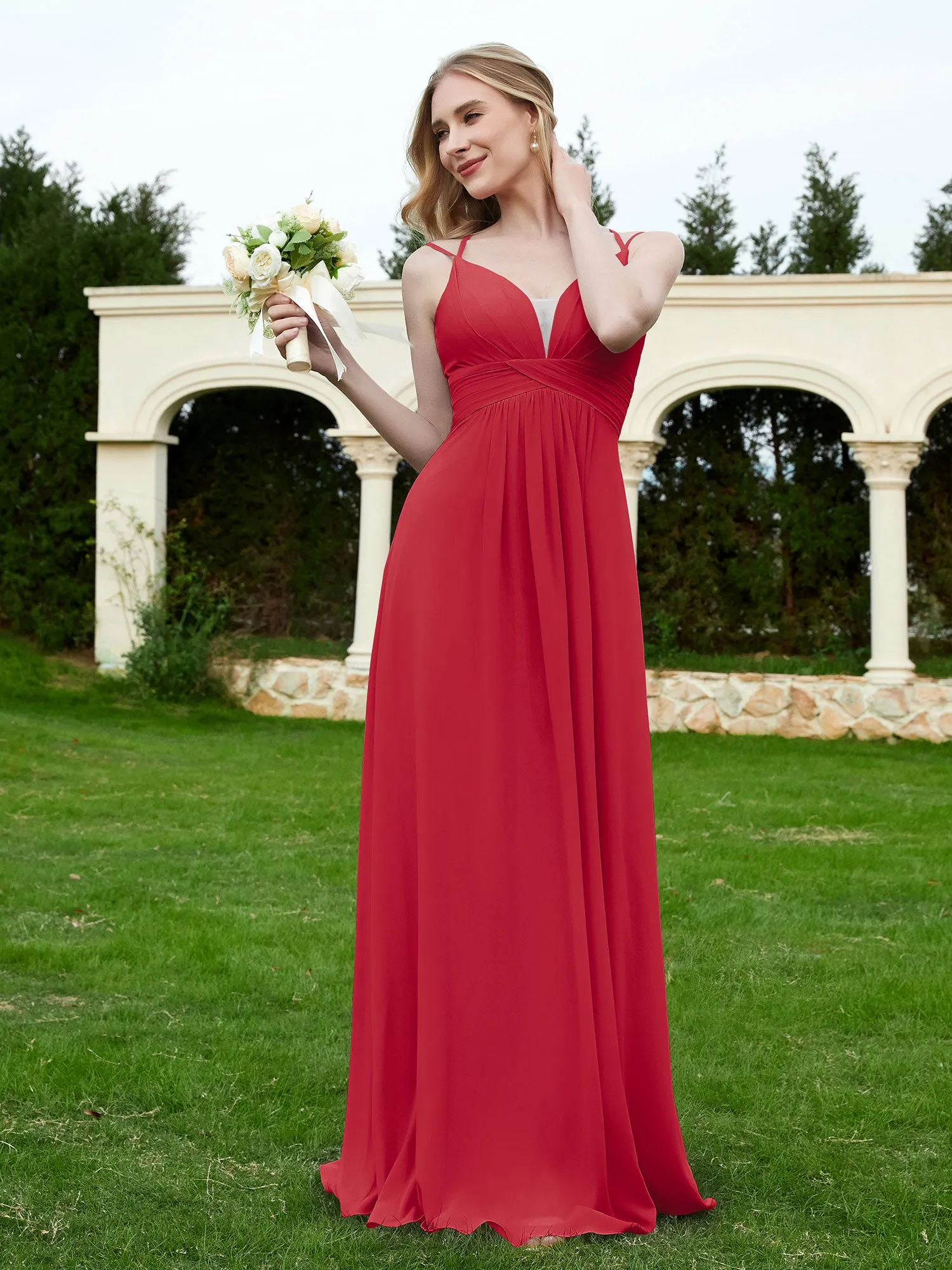 Floor Length V Neck Chiffon Bridesmaid Gown Burgundy Plus Size