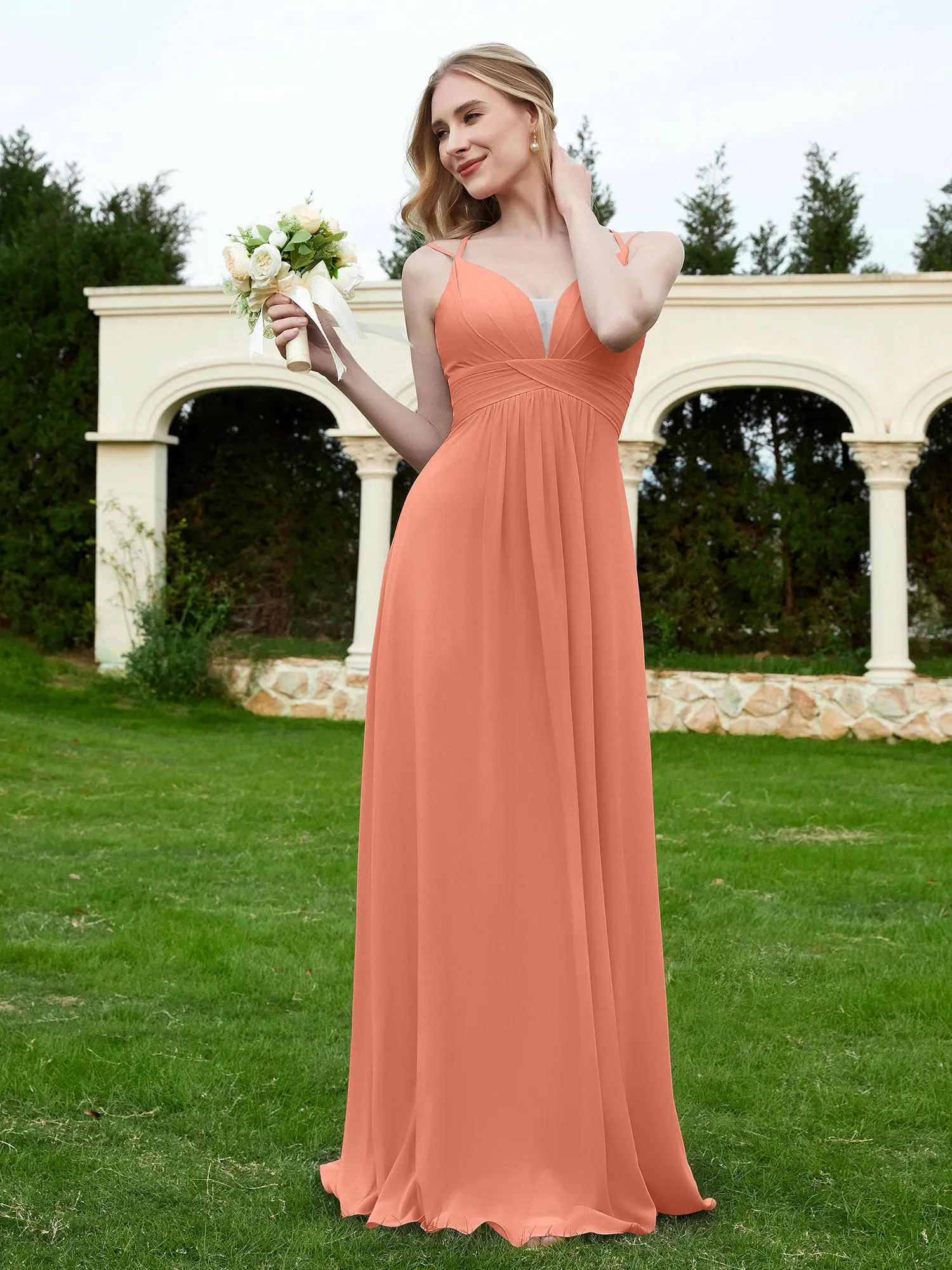 Floor Length V Neck Chiffon Bridesmaid Gown Papaya Plus Size