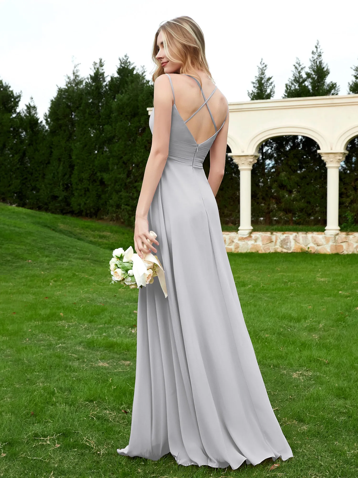 Floor Length V Neck Chiffon Bridesmaid Gown Silver Plus Size