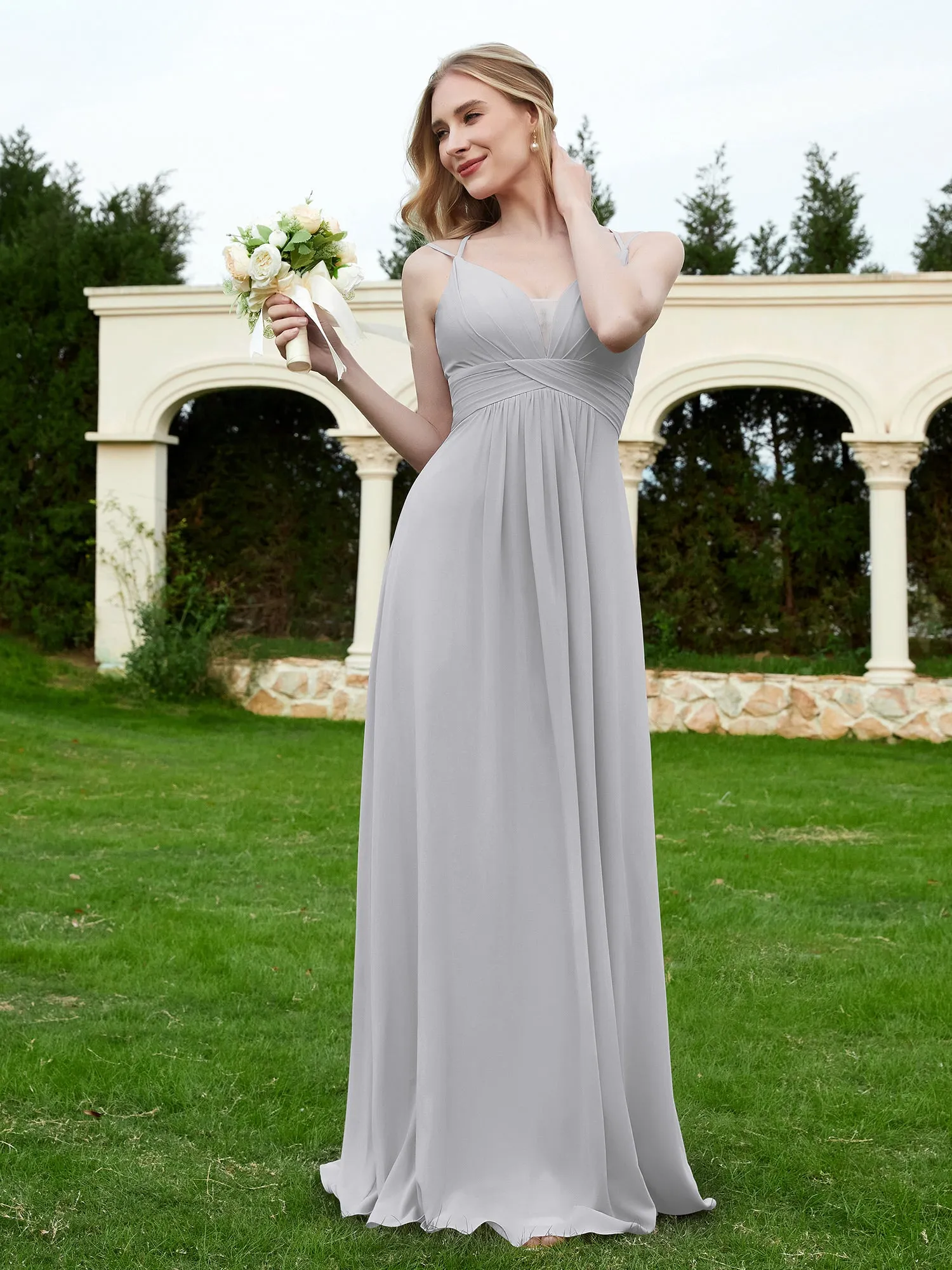 Floor Length V Neck Chiffon Bridesmaid Gown Silver Plus Size