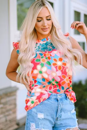 Floral Print Ruffle Trim Tank Top