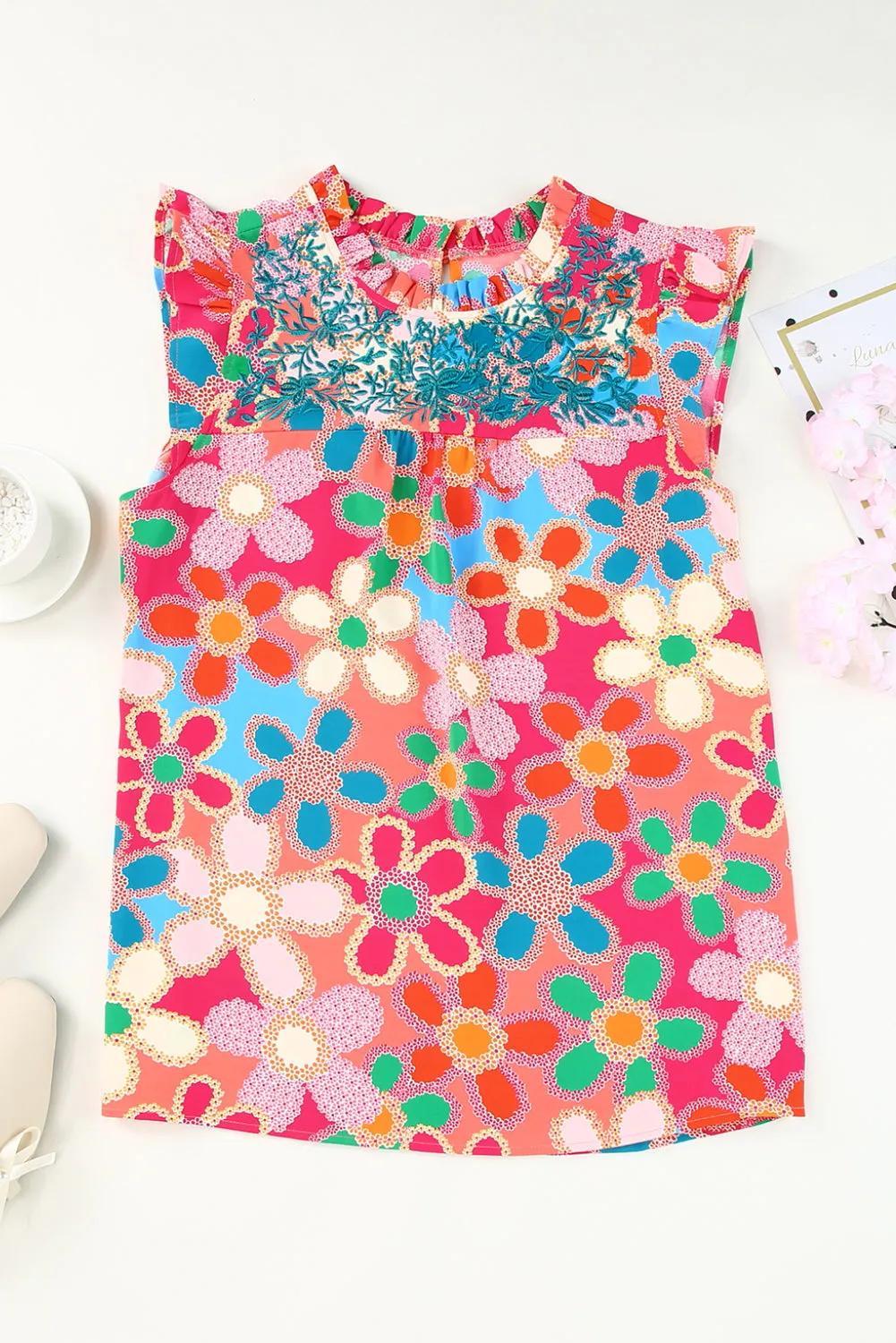 Floral Print Ruffle Trim Tank Top