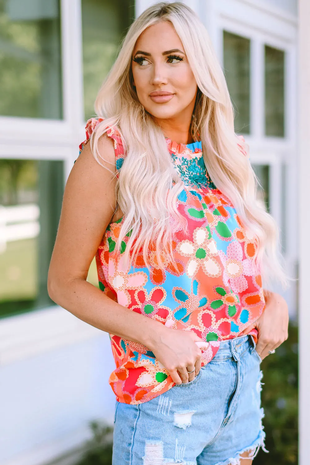 Floral Print Ruffle Trim Tank Top
