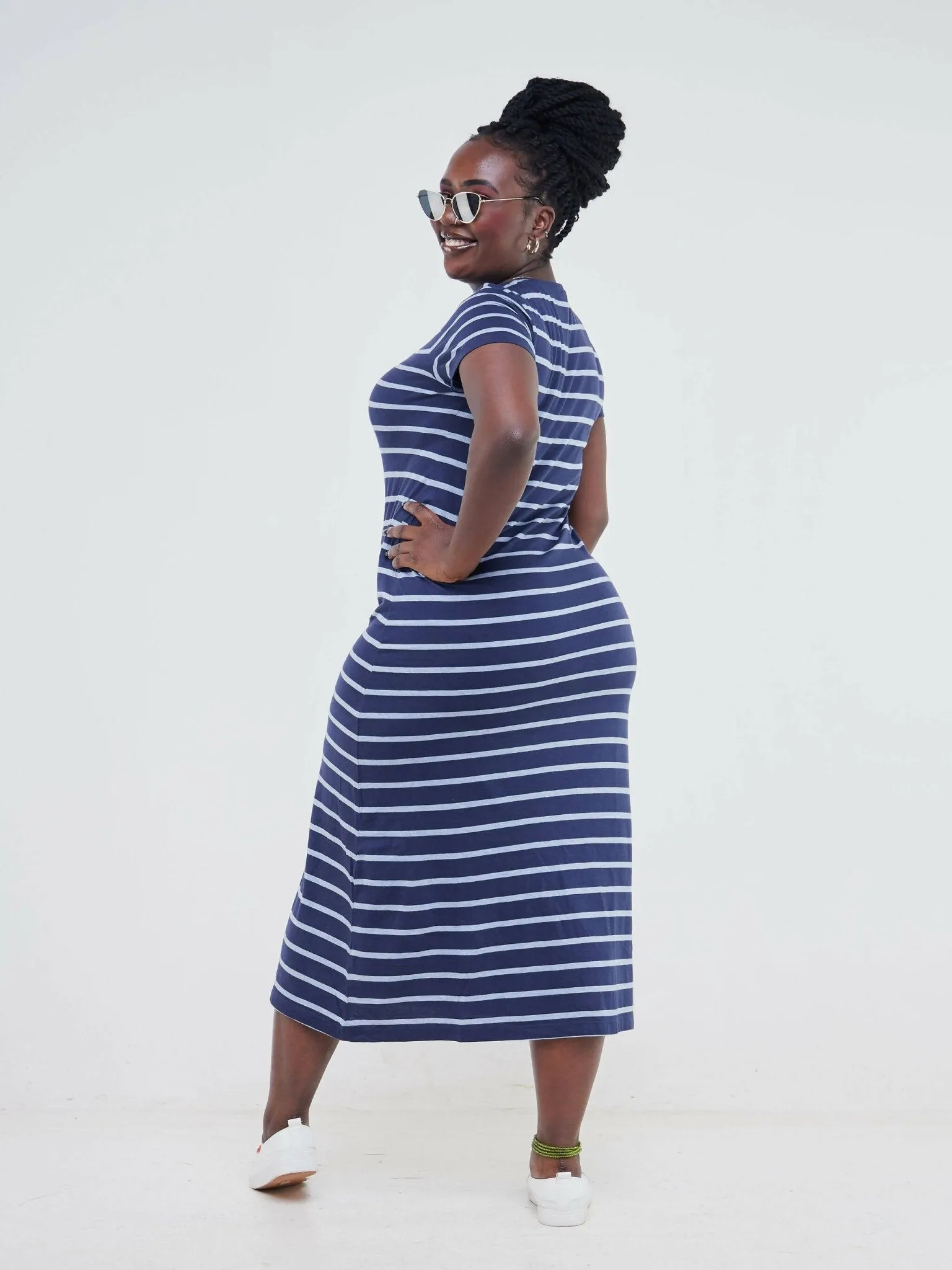 Hessed Sleeved Midi Stripped Dress - Blue