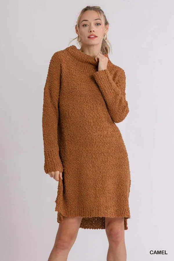 High Cowl Neck Bouclé Long Sleeve Sweater Dress