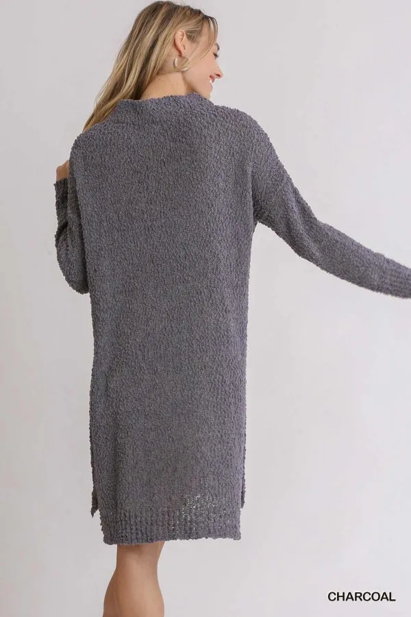 High Cowl Neck Bouclé Long Sleeve Sweater Dress