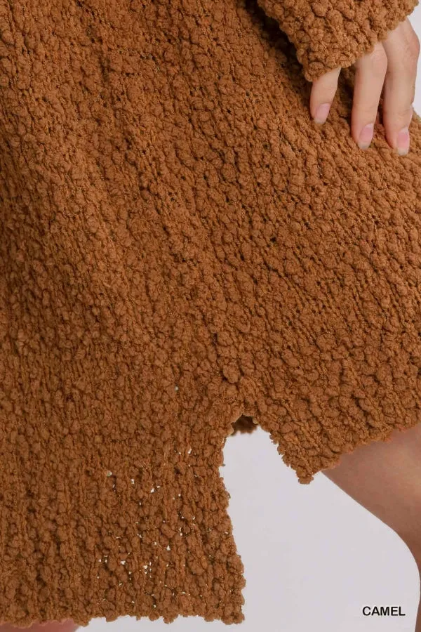 High Cowl Neck Bouclé Long Sleeve Sweater Dress