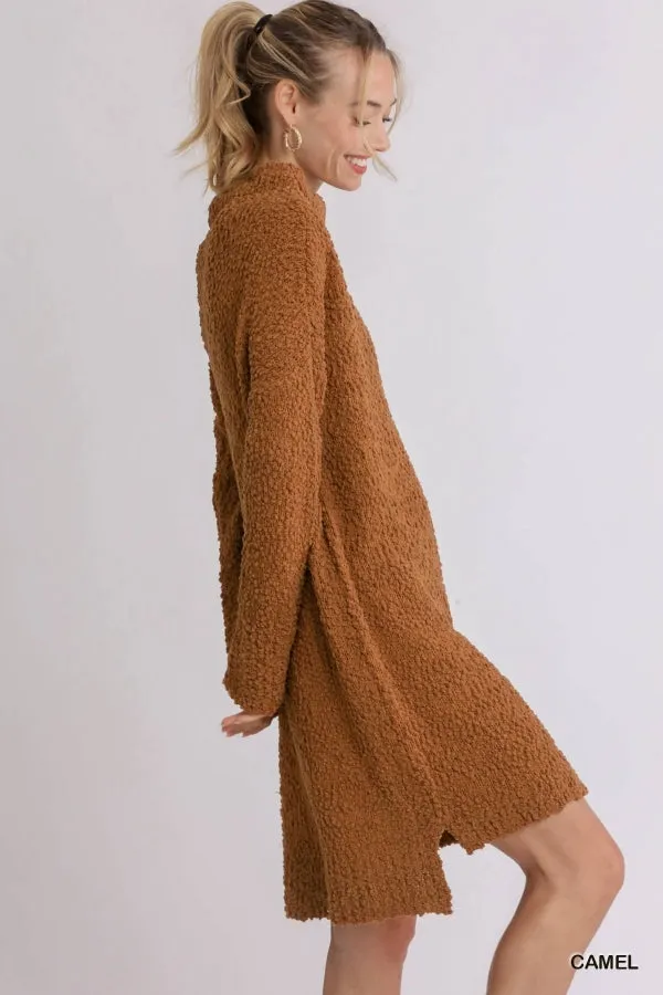 High Cowl Neck Bouclé Long Sleeve Sweater Dress