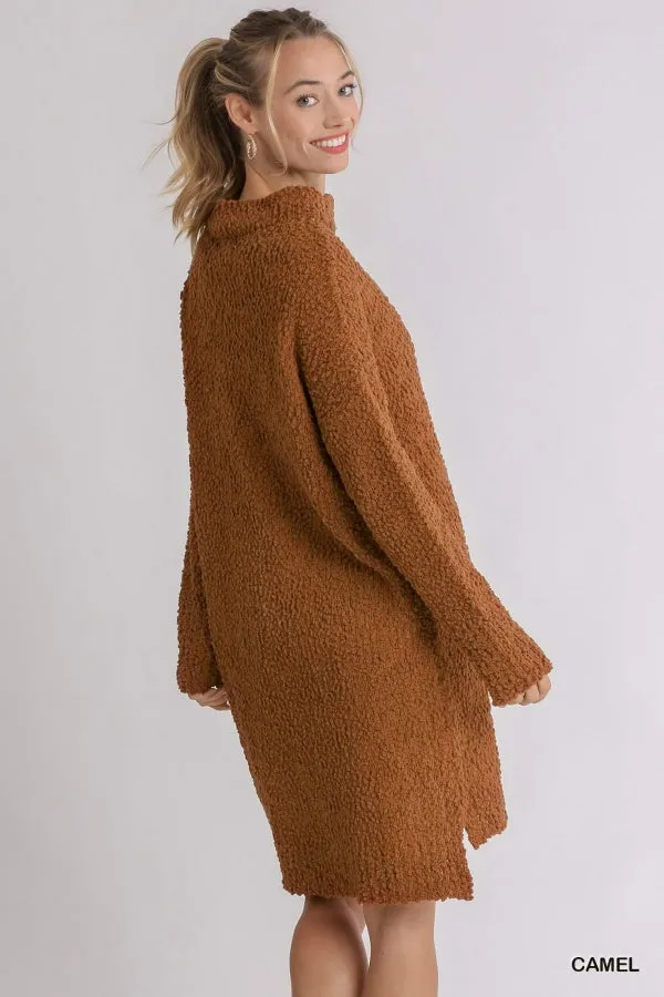 High Cowl Neck Bouclé Long Sleeve Sweater Dress
