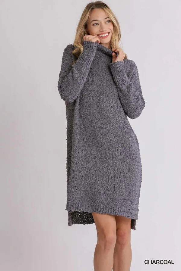 High Cowl Neck Bouclé Long Sleeve Sweater Dress