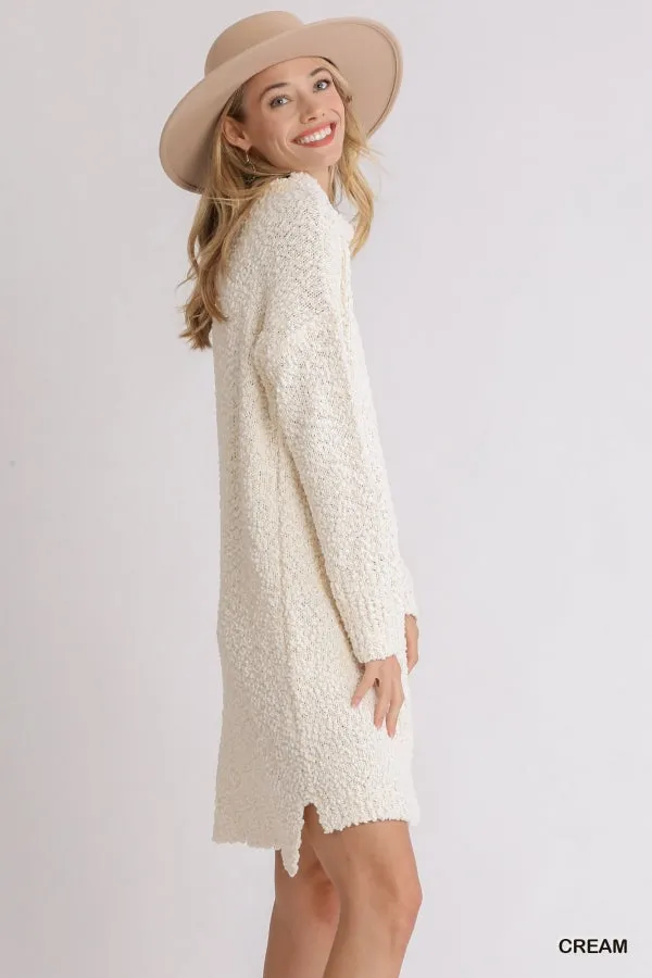 High Cowl Neck Bouclé Long Sleeve Sweater Dress